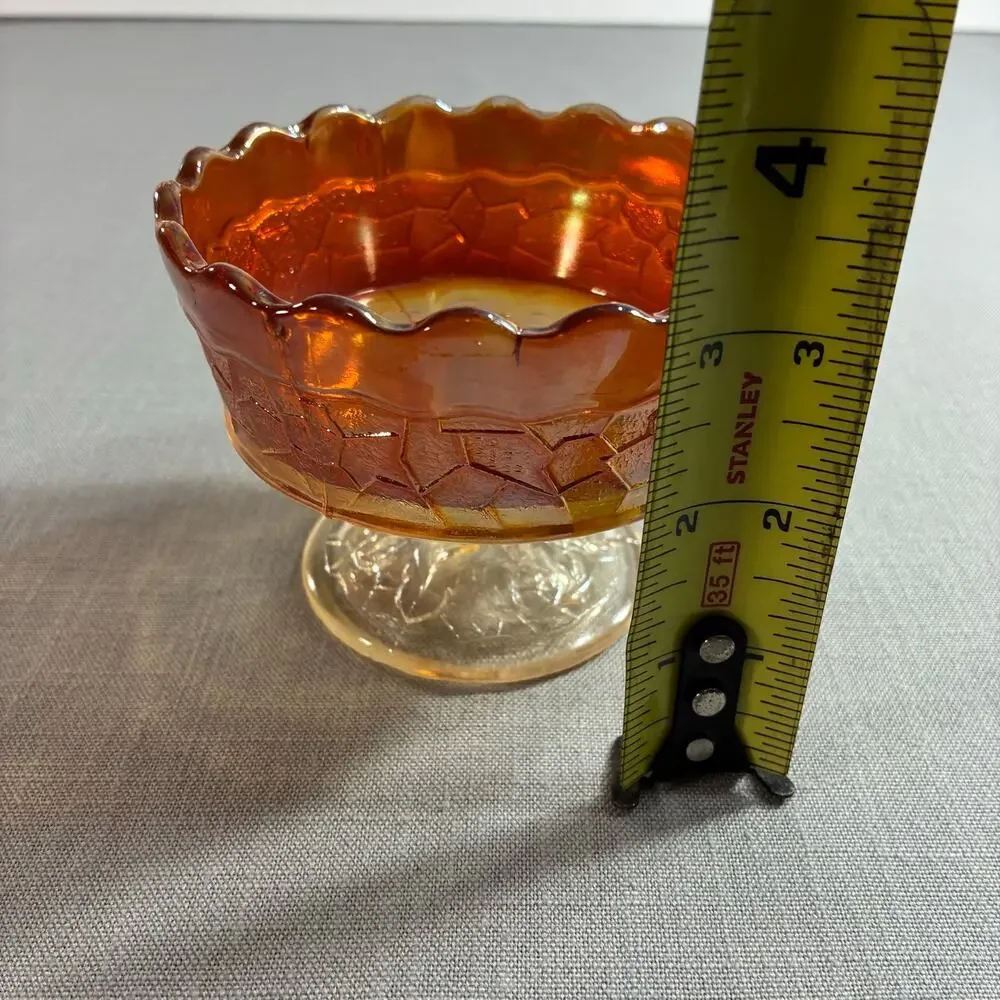 Vintage Marigold Carnival Glass Pedestal Candy Dish Scalloped Bowl 4 Inch